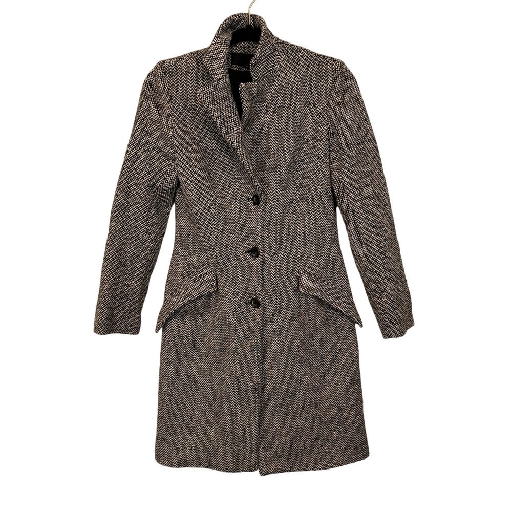 Jill Stewart Coat Womens Small Black Cream Tweed Herringbone 3 Button Overcoat